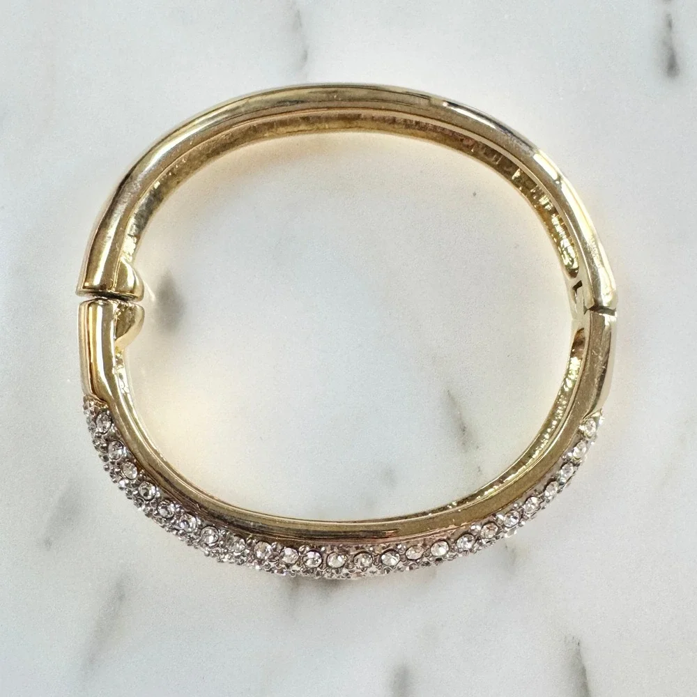 Vintage Pave Set Rhinestone Crystal Bangle Bracelet Gold Tone Formal Sparkly 80s